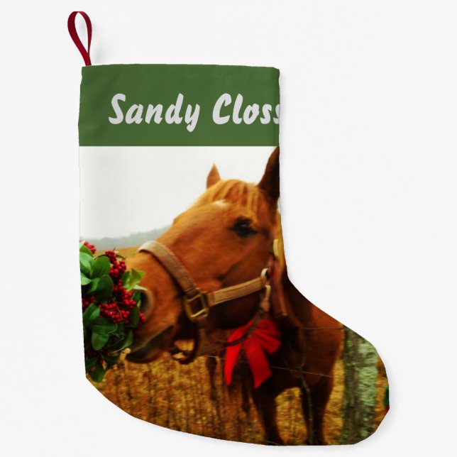 Personalised Brown horse red bow & Mistletoe Small Christmas Stocking (Front)
