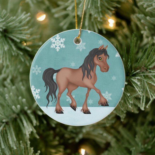 Personalised Brown Horse Snowy Holiday Christmas Ceramic Tree Decoration (Tree)