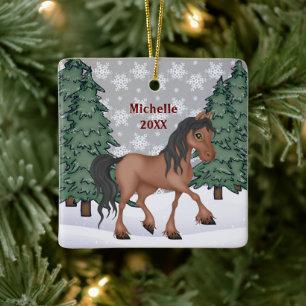 Personalised Brown Horse Winter Forest Christmas Ceramic Ornament