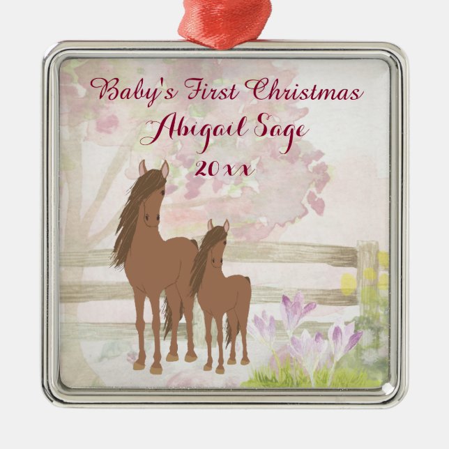 Personalised Brown Horses Baby's 1st Christmas Metal Tree Decoration (Front)