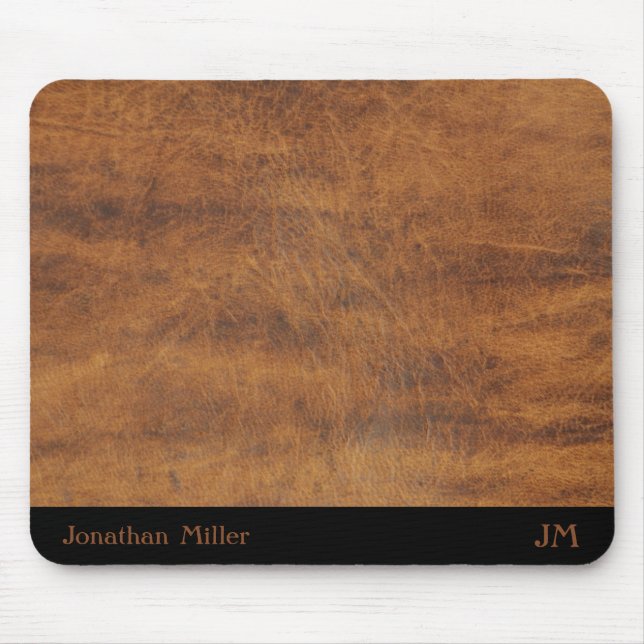Personalised Brown Leather Mouse Mat with Initials (Front)