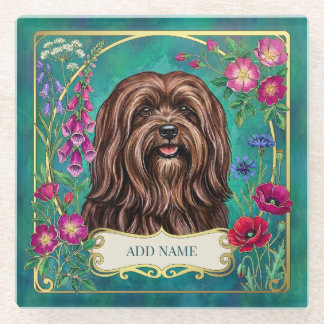 Personalised Brown Lhasa Apso Floral Glass Coaster