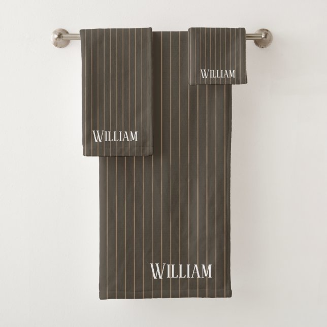 Personalised brown retro pinstripes bath towel set (Insitu)