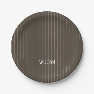 Personalised brown retro pinstripes paper plate