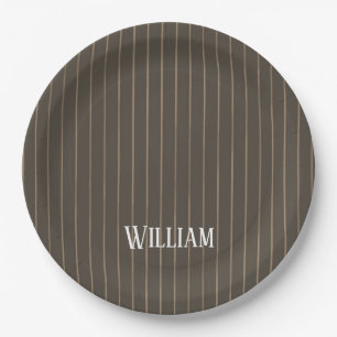 Personalised brown retro pinstripes paper plate