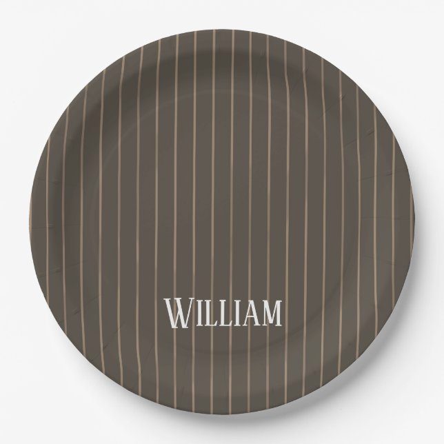 Personalised brown retro pinstripes paper plate (Front)