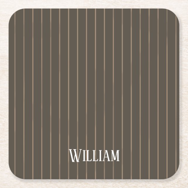 Personalised brown retro pinstripes square paper coaster (Front)