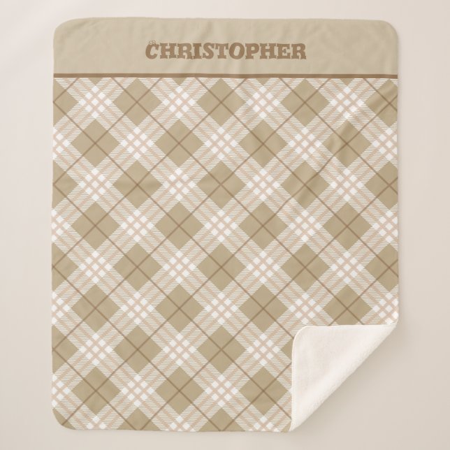 Personalised Brown Tan Beige Buffalo Plaid Boys  Sherpa Blanket (Front)