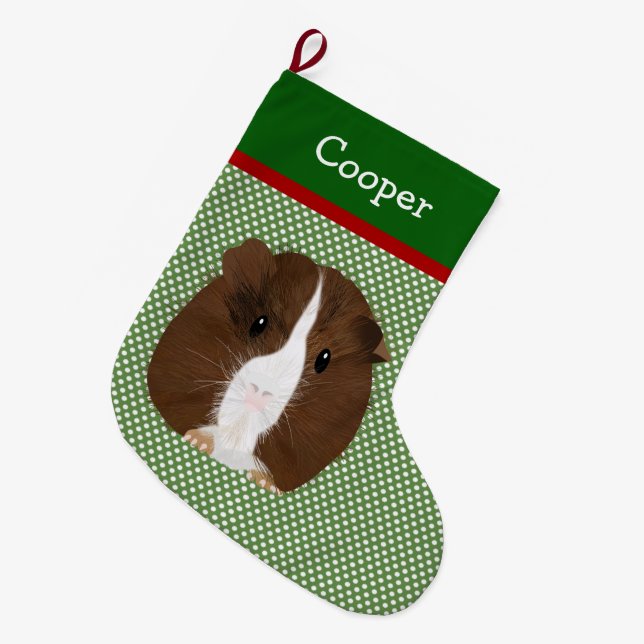 Personalised Brown, White And Black Guinea Pig Large Christmas Stocking (Front (Hanging))
