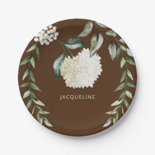  Personalised Brown White Hydrangeas Bridal Shower Paper Plate