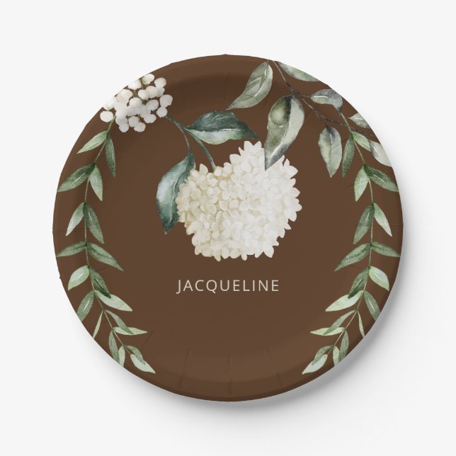  Personalised Brown White Hydrangeas Bridal Shower Paper Plate (Front)