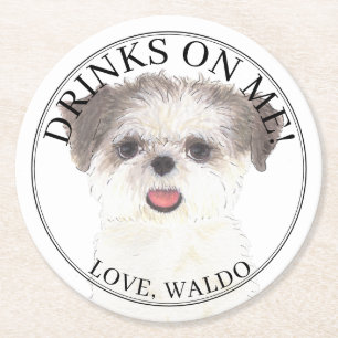 Personalised Brown & White Shih Tzu Dog Wedding Round Paper Coaster