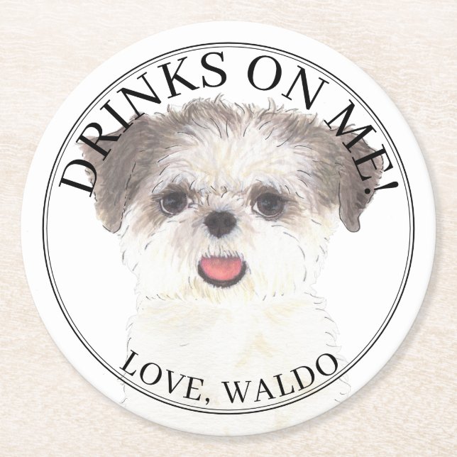 Personalised Brown & White Shih Tzu Dog Wedding Round Paper Coaster (Front)