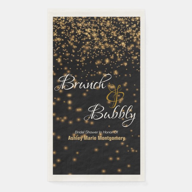 Personalised Brunch Bubbly Gold Confetti On Black Napkin (Front)