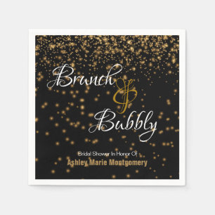 Personalised Brunch Bubbly Gold Confetti on Black  Napkin
