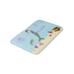 Personalised Brunette Mermaid and Ocean Friends Bath Mat