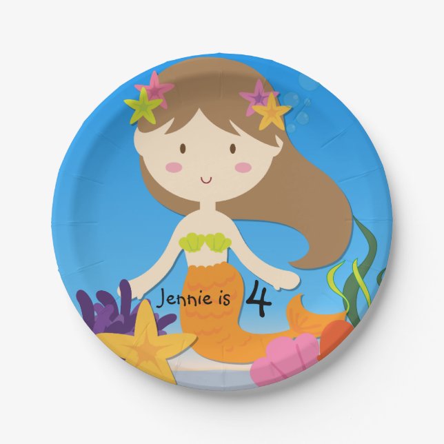 Personalised Brunette Mermaid Birthday Paper Plate (Front)