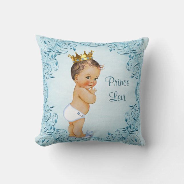 Personalised Brunette Prince Blue Leaves Cushion (Front)