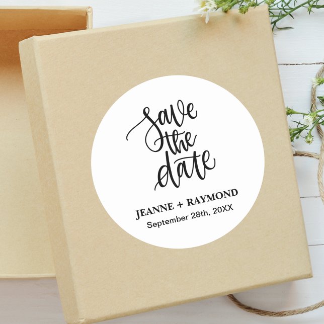 Personalised Brush Lettered Save the Date Wedding Classic Round Sticker (Brush lettered save the date sticker creates a timeless touch for invitations.)