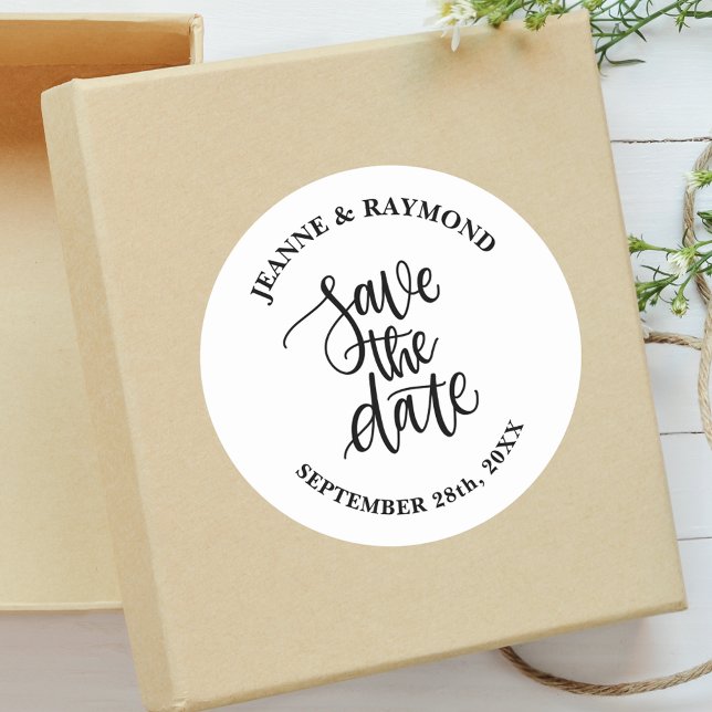 Personalised Brush Lettered Wedding Save the Date Classic Round Sticker (Creator Uploaded)