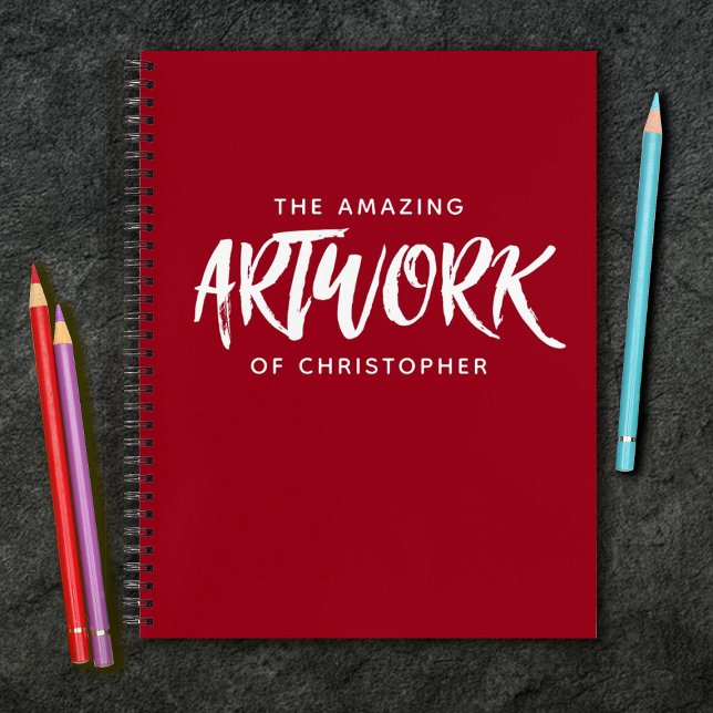 Personalised Brush Script Red Sketchbook Notebook (A cool red sketchbook with the words, The amazing artwork of.... Personalize it with your name.)