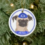 Personalised Brussels Griffon Hanukkah Yarmulke Ceramic Tree Decoration<br><div class="desc">Celebrate your favourite mensch on a bench with personalised ornament! This design features a sweet illustration of a brussels griffon dog with a blue and white yarmulke. For the most thoughtful gifts, pair it with another item from my collection! To see more work and learn about this artist, visit her...</div>