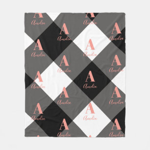 Personalised Buffalo Check Black White Pink Fleece Blanket