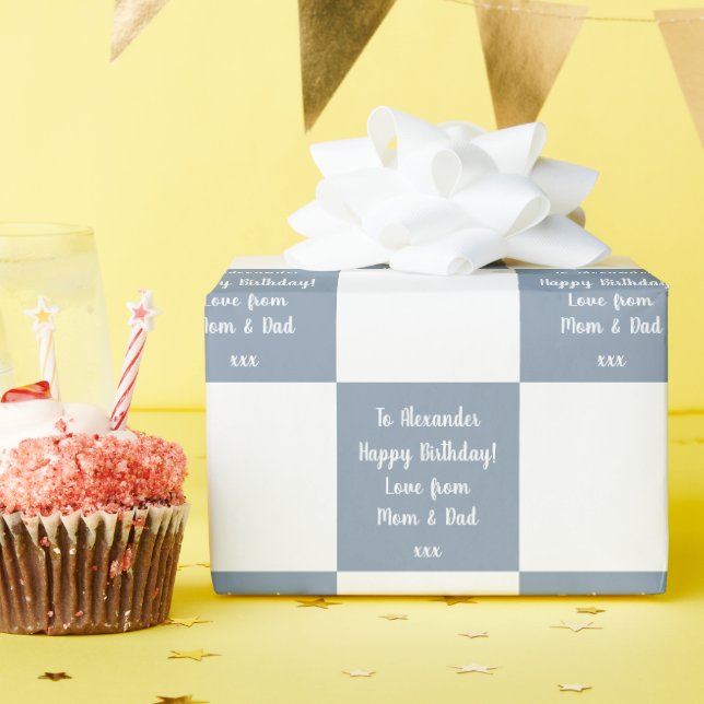 Personalised Buffalo Check Blue Happy Birthday Wrapping Paper (Birthday Party)