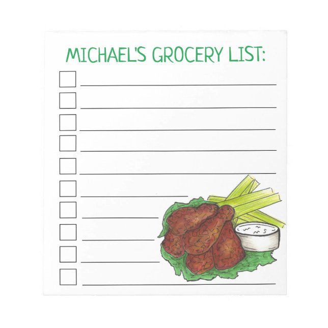 Personalised Buffalo Chicken Wings Grocery List Notepad (Front)