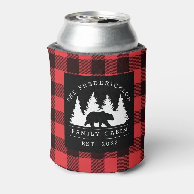 Personalised Buffalo Plaid Bear Forest Cabin Can Cooler (Can Back)