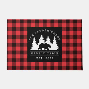 Personalised Buffalo Plaid Bear Forest Cabin Doormat