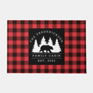 Personalised Buffalo Plaid Bear Forest Cabin Doormat