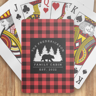 Personalised Buffalo Plaid Bear Forest Cabin Playing Cards