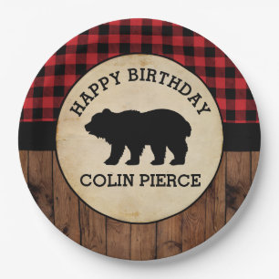 Personalised Buffalo Plaid Bear Lumberjack Party Paper Plate