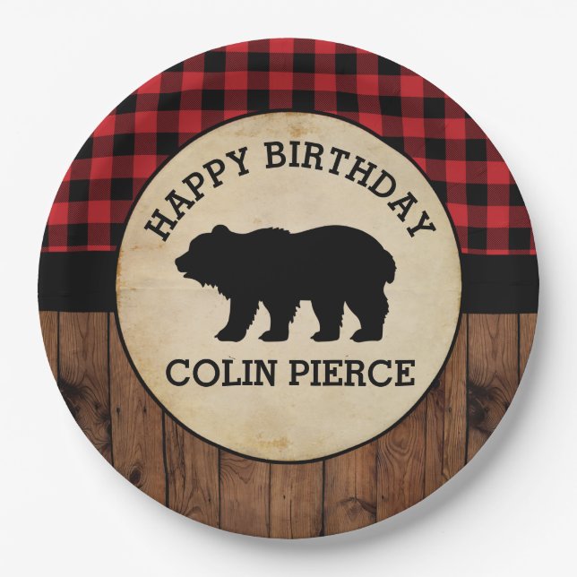 Personalised Buffalo Plaid Bear Lumberjack Party Paper Plate (Front)