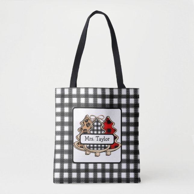 Personalised Buffalo Plaid Country Christmas Trees Tote Bag (Front)