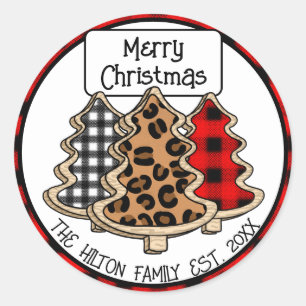 Personalised Buffalo Plaid Gingham Christmas Trees Classic Round Sticker