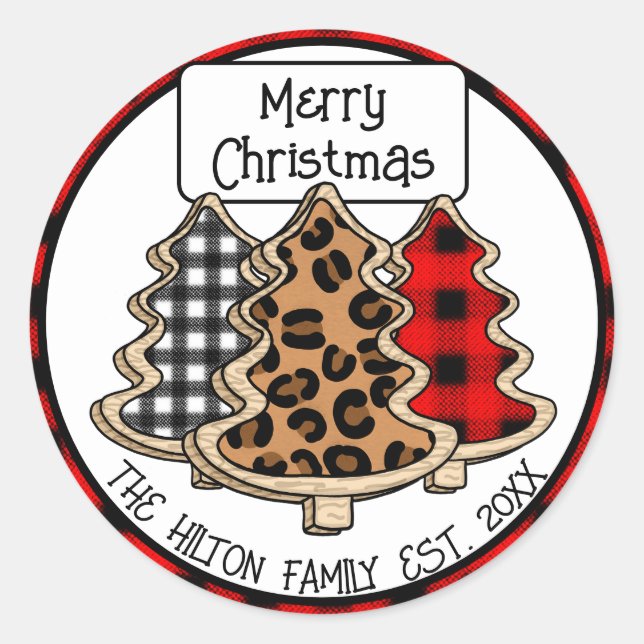 Personalised Buffalo Plaid Gingham Christmas Trees Classic Round Sticker (Front)