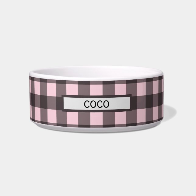 Personalised Buffalo Plaid Pink Dog Bowl (Front)