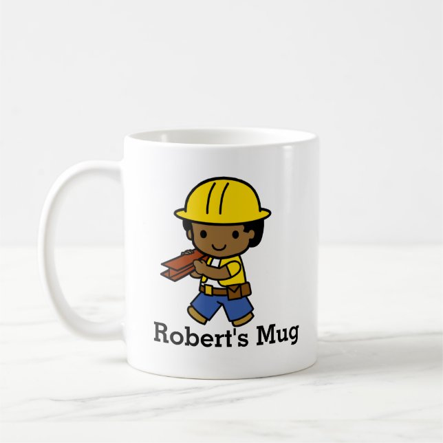 Personalised Builder Boy in Yellow Hard Hat Coffee Mug (Left)