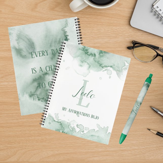 Personalised Bujo Green Watercolor Affirmations Notebook (Creator Uploaded)