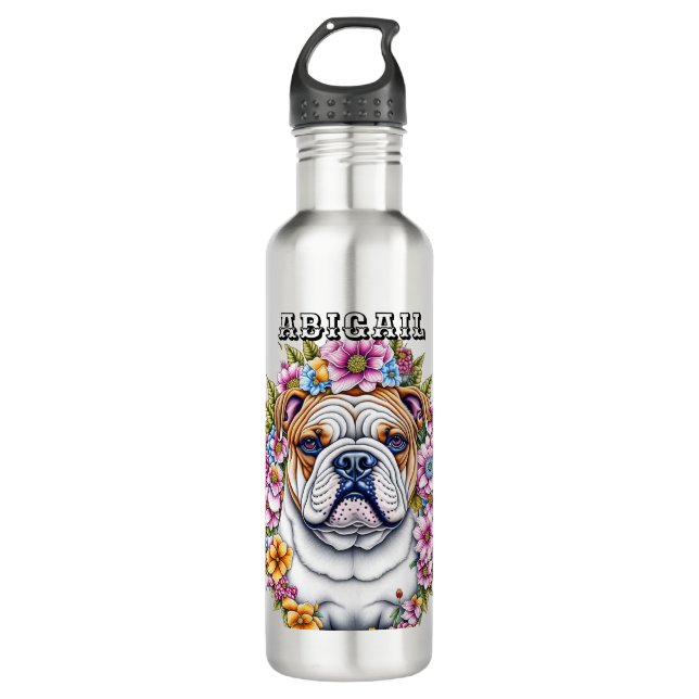 Personalised Bulldog and Whimsical Flowers 710 Ml Water Bottle (Front)