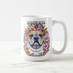 Personalised Bulldog and Whimsical Flowers Coffee Mug