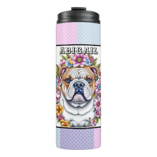 Personalised Bulldog and Whimsical Flowers Thermal Tumbler