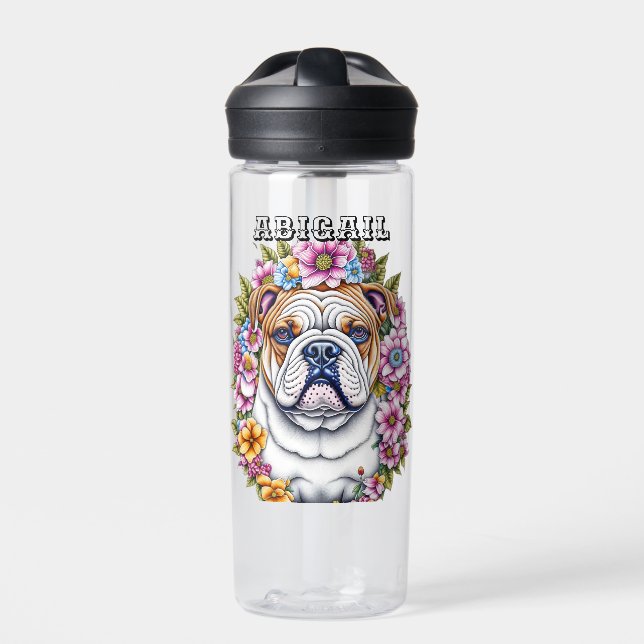 Personalised Bulldog and Whimsical Flowers Water Bottle (Front)