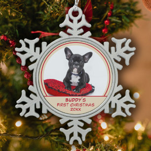 Personalised Bulldog Puppy 1st Christmas Pet Photo Snowflake Pewter Christmas Ornament