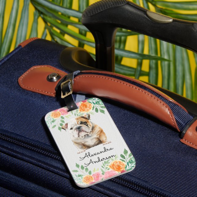 Personalised Bulldog Puppy Floral Luggage Tag (Front Insitu 1)