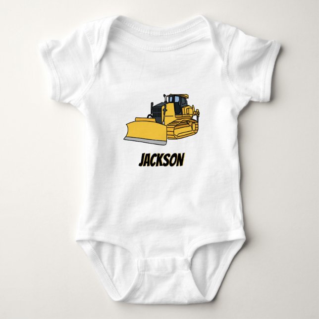Personalised Bulldozer Construction Vehicle Baby Bodysuit (Front)
