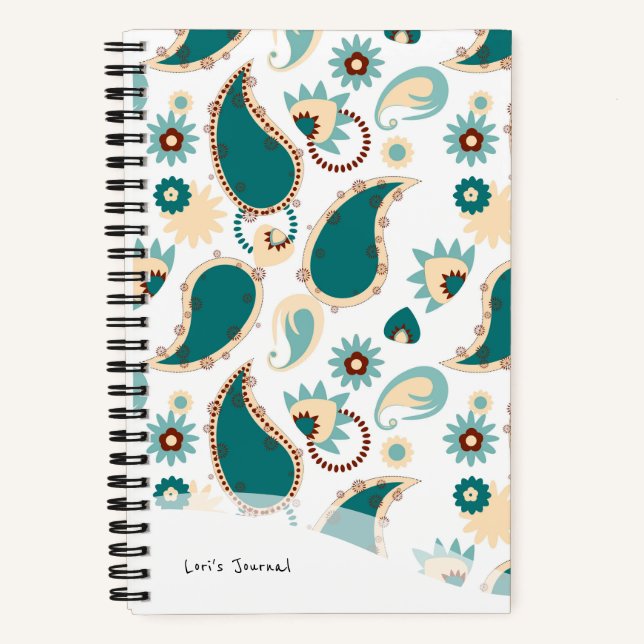 Personalised Bullet Journal Teal Boho Paisley (Front)