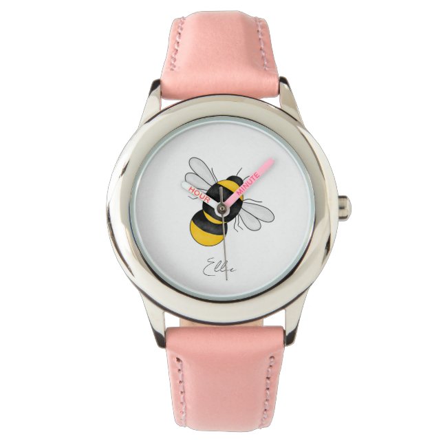 Personalised Bumble Bee kids pink watch (Front)